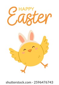 Happy Easter poster or greeting card with little chicken with Easter bunny ears. Flat vector illustration
