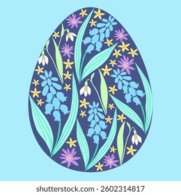 Happy Easter poster, greeting card, spring flowers, easter egg, vector holiday illustration. 