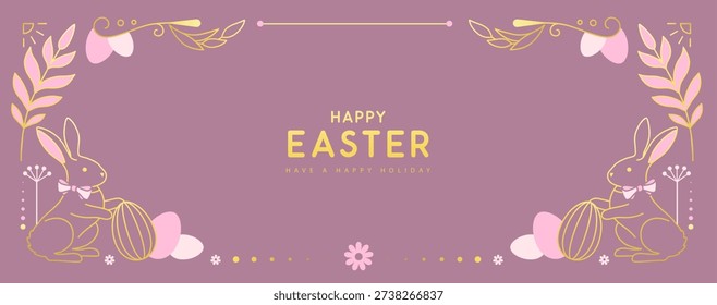 Happy Easter poster or greeting card with rabbits, floral elements and Easter eggs on pink background. Easter frame. Vector illustration
