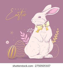 Happy Easter poster or greeting card with rabbit, floral decorative elements and Easter eggs on pink background. Vector illustration