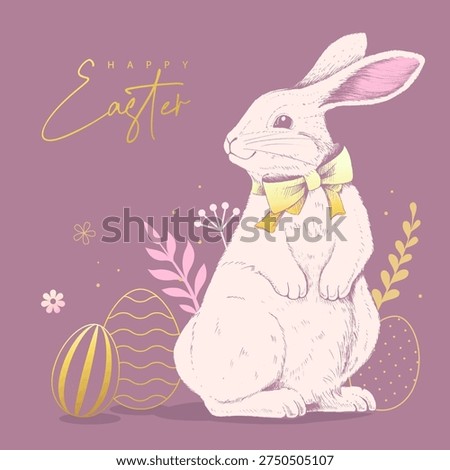Happy Easter poster or greeting card with rabbit, floral decorative elements and Easter eggs on pink background. Vector illustration