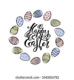 Happy Easter poster with hand drawn lettering, vector illustration