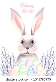 Happy easter poster with hand drawn watercolor  bunny, eggs and pussy willow branches. 