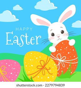 Happy Easter poster with hand drawn Easter eggs and cute rabbit on blue background. Vector colorful illustration in flat cartoon style. Design template for greeting card, cover, banner, baby book.