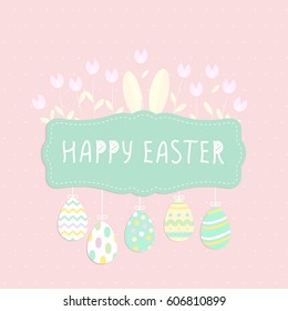 Happy Easter poster With hanging eggs, Rabbit And Flowers. Vector illustration