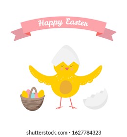 Happy Easter poster, invitation, banner, greeting card design. Vector illustration of cute cartoon chicken character, basket with eggs and ribbon