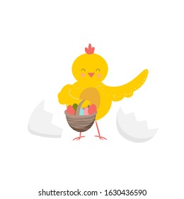 Happy Easter poster, invitation, banner, greeting card design. Vector illustration with cute cartoon chicken character holding a basket with eggs