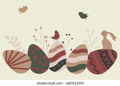 Happy easter poster, invitation card, background. the season of joy. vector illustration. Easter bunny, eggs, birds, leaves.
