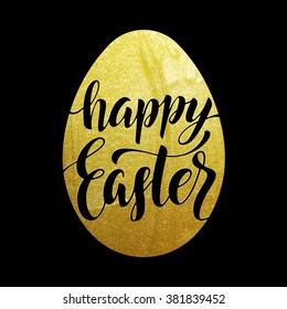 Happy Easter poster luxury golden egg on black background. Vector illustration with calligraphy lettering title