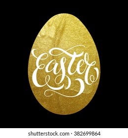 Happy Easter poster luxury golden egg on black background. Vector illustration with calligraphy lettering title