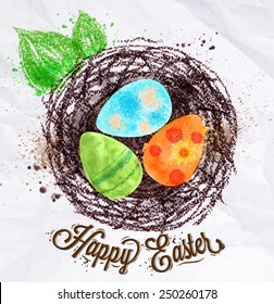 Happy easter poster nest with eggs painted in pastel colored kids style