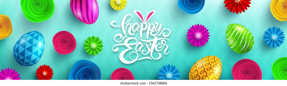 Happy Easter Poster with paper flower and colorful Painted Easter Eggs.Easter eggs with different texture.Promotion and shopping template for Easter Day.Vector illustration EPS10