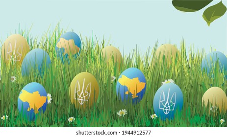 Happy Easter poster with patriotic eggs and Ukrainian symbols