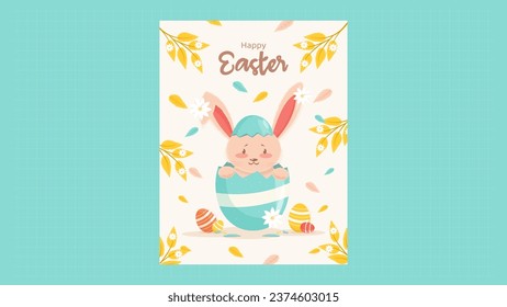 Happy Easter poster with a pink cartoon rabbit inside an Easter egg with colorful falling leaves. Spring Holiday Graphic Template.