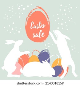 happy easter poster postcard cute white rabbits and colorful eggs in pastel colors