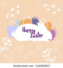 happy easter poster postcard cute white rabbit and colorful eggs in pastel colors