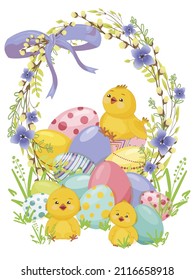 Happy Easter poster, postcard with funny chickens, realistic Easter eggs, in a wreath of willow branches and young leaves with spring flowers, bow.