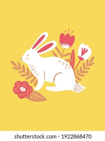 Happy Easter poster, print, greeting card or banner with  white bunny or rabbit, spring flowers and plants. Vector hand drawn illustration.