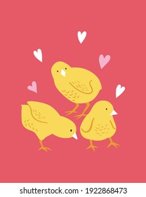 Happy Easter poster, print, greeting card or banner with cute chicken and hearts. Vector hand drawn illustration.