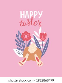 Happy Easter poster, print, greeting card or banner with bunnies or rabbits, spring flowers, plants and lettering or text. Vector hand drawn illustration.