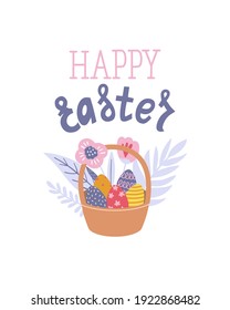 Afiche feliz de Pascua, imprenta, tarjeta de saludo o pancarta con canasta de huevos, flores de primavera y texto o letras. Ilustración dibujada a mano por vectores.