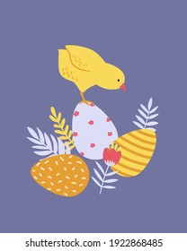 Happy Easter poster, print, greeting card or banner with painted eggs, chicken, spring flowers and plants. Vector hand drawn illustration.