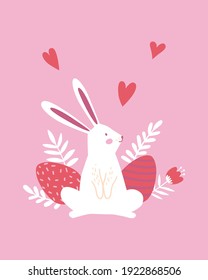 Happy Easter poster, print, greeting card or banner with eggs, white bunnies or rabbits, spring flowers, plants and heart on pink background. Vector hand drawn illustration.