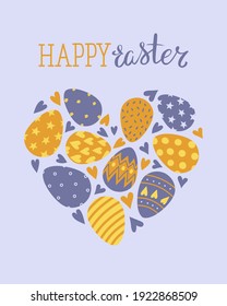 Happy Easter poster, print, greeting card or banner with eggs laid out in the shape of a heart and text or lettering. Vector hand drawn illustration.