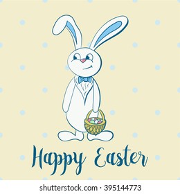 Happy easter poster, rabbit boy keeps egg basket. Vector illustration. Easter bunny.