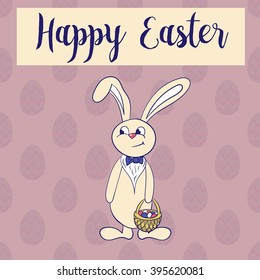 Happy easter poster, rabbit boy keeps egg basket. Easter bunny.