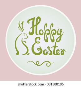 Happy Easter poster with rabbit. Calligraphy design.Vector illustration. 