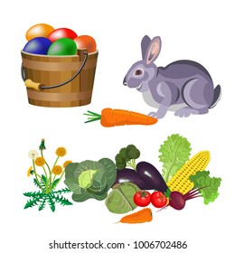 Happy Easter poster with rabbit, eggs and vegetables. Vector illustration isolated on white