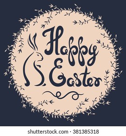 Happy Easter poster with rabbit and floral wreath in modern style.Calligraphy design.Vector illustration. 