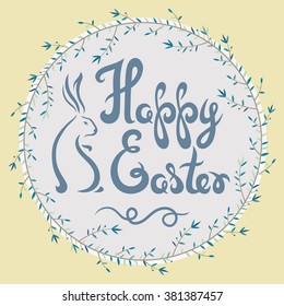Happy Easter poster with rabbit and floral wreath in modern style.Calligraphy design.Vector illustration. 