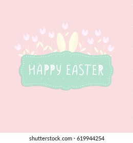 Happy Easter poster With Rabbit And Flowers. Vector illustration