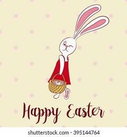 Happy easter poster, rabbit girl keeps egg basket. Vector illustration. Easter bunny.