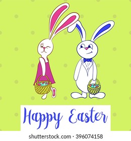 Happy easter poster, rabbit girl and boy keeps egg basket and looking each other.. Vector illustration. Easter bunny.