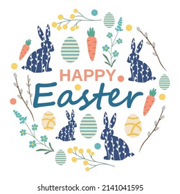 Happy Easter poster with rabbits eggs and flowers. vector illustration