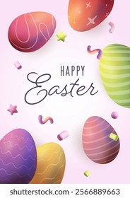 Happy Easter, poster, realistic 3d, confetti . Vector illustration on transparent background