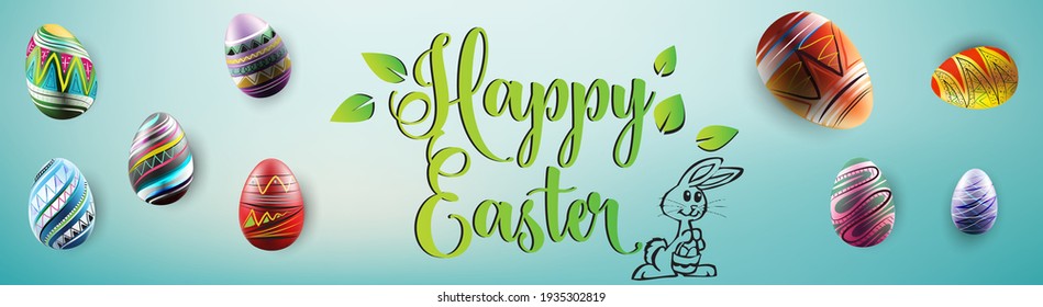 Happy Easter poster with realistic eggs and cute bunny with colorful background - vector