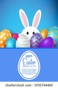 Happy Easter poster with realistic eggs and cute bunny with colorful background - vector