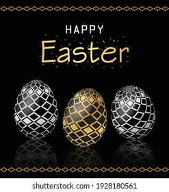 Happy Easter Poster with realistic golden and silver eggs greeting card