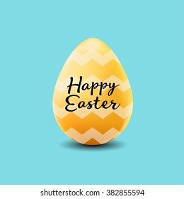 happy easter poster, realistic yellow egg with wave pattern on a blue background.
