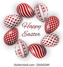 happy easter poster, red eggs with different patterns on a white background