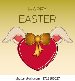 Afiche feliz de Pascua. Corazón rojo con orejas conejitas y cinta dorada - Vector