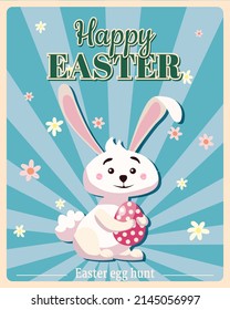Happy Easter poster retro. Greeting card with rabbit, bunny, egg. Vector illustration vintage