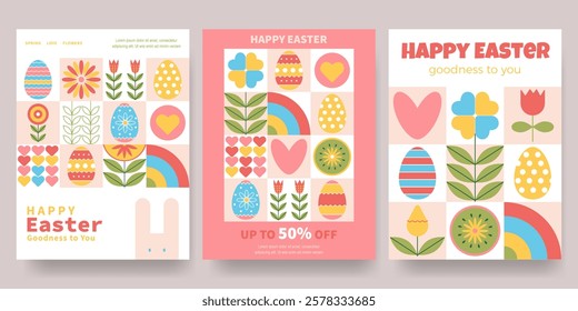 Happy Easter poster set. Greeting cards or posters with bunny, spring flowers and Easter egg. Egg hunt poster template with geometric mosaic patterns on Easter theme. Vector illustration  