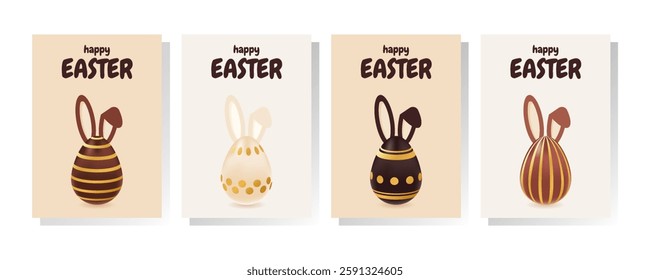 Happy Easter poster set with realistic chocolate golden eggs,bunny ears. Greeting vector illustration. Design for banner, flyer, social media, brochure, presentation, invitation