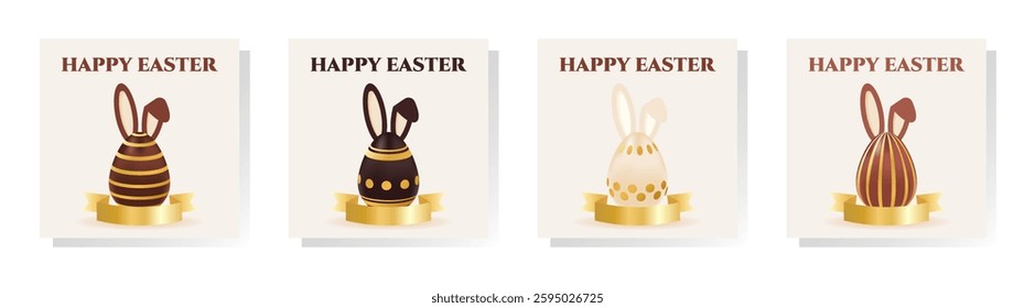 Happy Easter poster set with realistic chocolate golden eggs, ribbon,bunny ears. Greeting vector illustration. Design for banner, flyer, social media, brochure, presentation, invitation