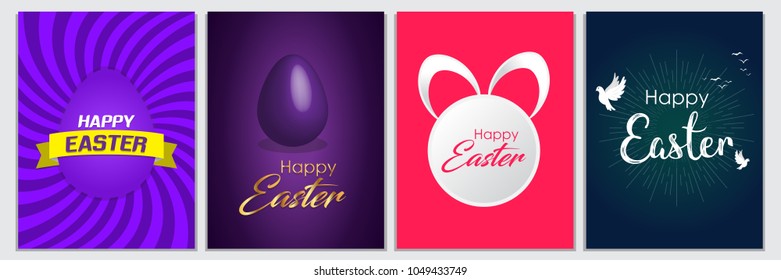Happy Easter poster set vector illustration with eggs, rabbit, calligraphic text and decorative elements. Can be used for poster, banner, greetings, emblem, label, badge, and holiday backgrounds.